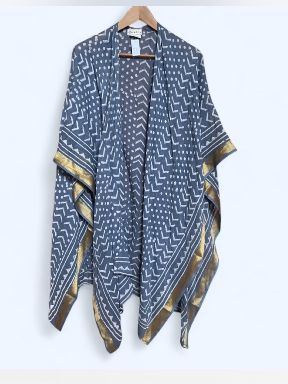 Blue/Gray Patterned Kimono Wrap with Gold Trim